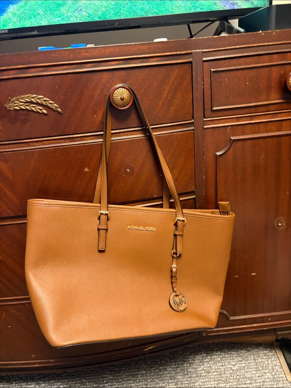 Michael Kors Cognac Leather Tote with Logo Charm